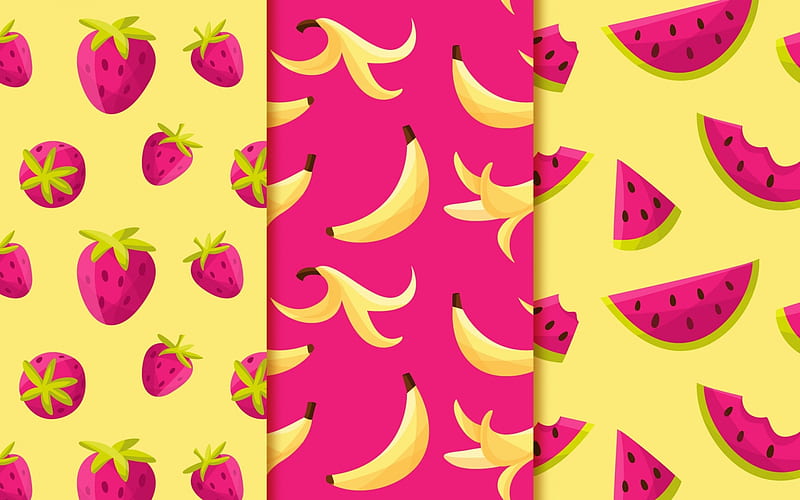 Texture, pattern, strawberry, yellow, fruit, watermelon, paper, banana, pink, HD wallpaper