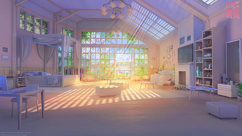 Anime Room, house, indoor, anime, garden, sunset, room, orginal, elegant, HD wallpaper