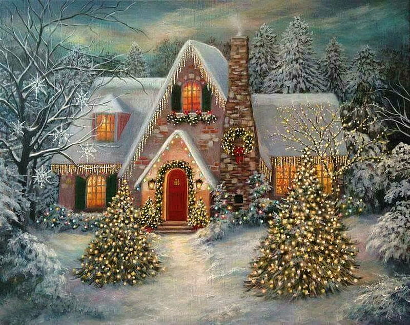Christmas Cottage, snow, winter, christmas tree, house, painting, artwork, HD wallpaper