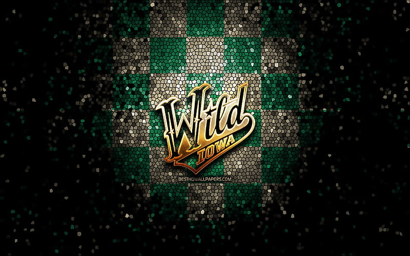 Iowa Wild, glitter logo, AHL, green brown checkered background, USA, american hockey team, Iowa Wild logo, mosaic art, hockey, America, HD wallpaper