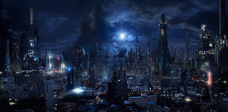 Future city, fantasy, moon, city, moon, future, buildings, blue, world, luminos, snight, HD wallpaper