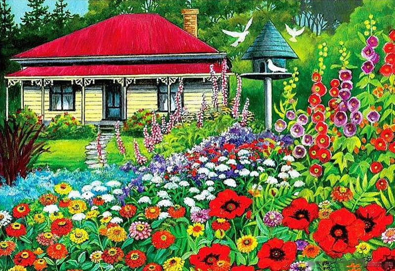 Many Memories, cottage, poppies, flowers, blossoms, colors, garden, artwork, HD wallpaper