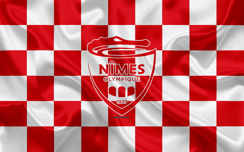 Nimes Olympique logo, creative art, red and white checkered flag, French football club, Ligue 1, emblem, silk texture, Nimes, France, football, Nimes FC, HD wallpaper
