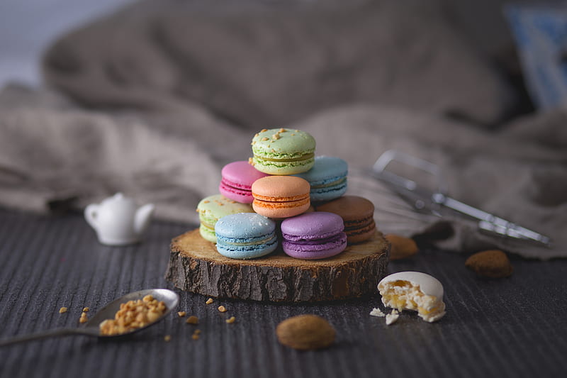 assorted-color macaroons on wood slab, HD wallpaper