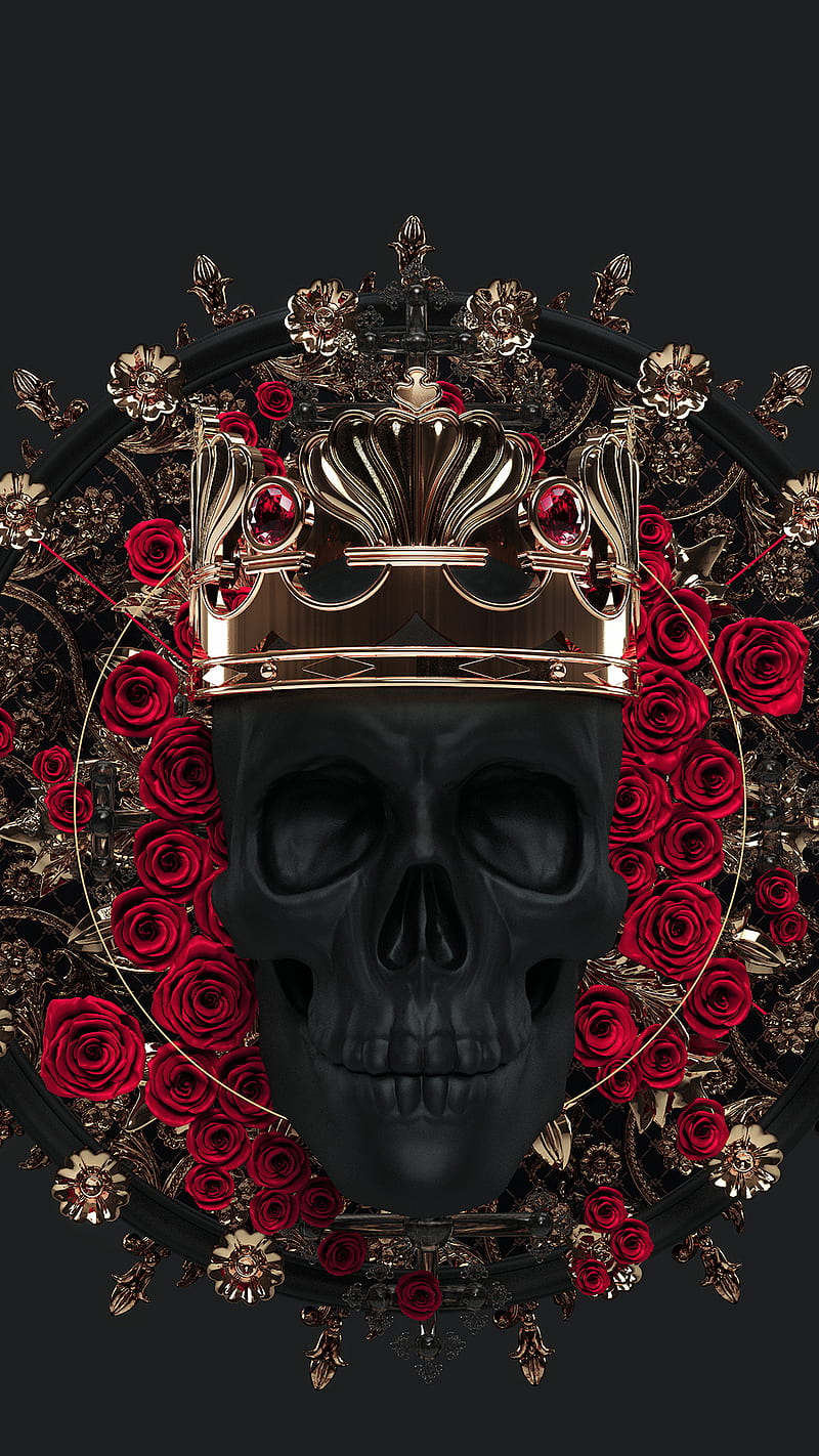 Dark King, art, crown, death, gold, goth, roses, scultpture, skull, tatoo, HD phone wallpaper