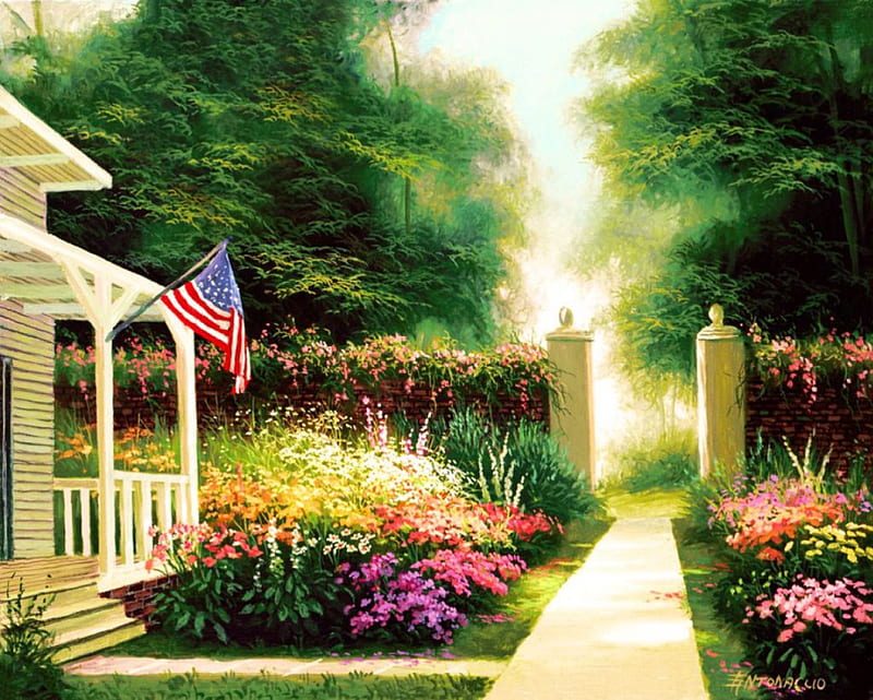 The Garden, house, hedge, flowers, blossoms, garden, flag, HD wallpaper