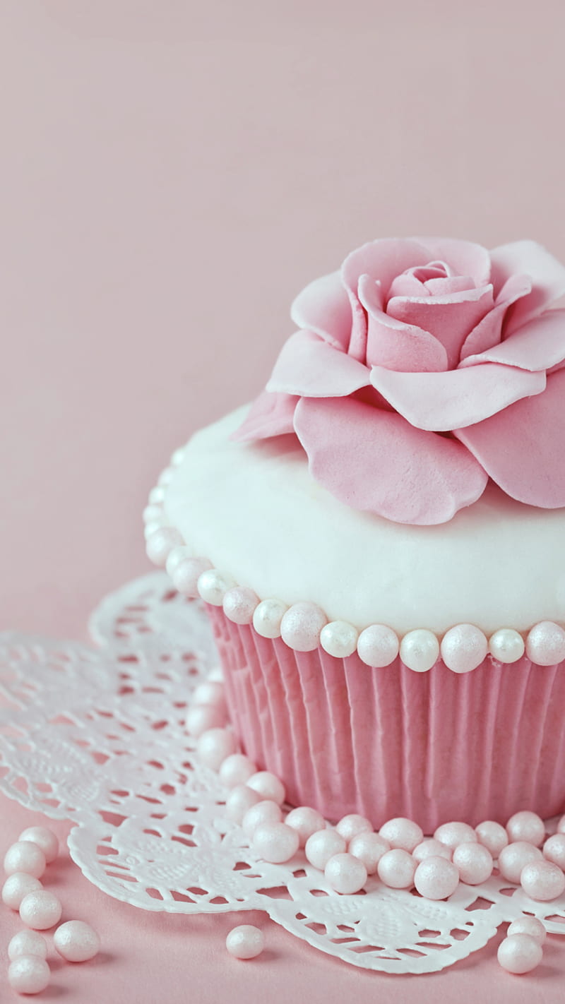 Cupcake, birtay, cake, flower, pearls, pink, HD phone wallpaper