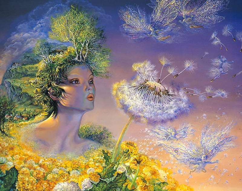 Voyage to Murrlis Sea, art, wings, colourful, dandelions, town, colors, trees, faeries, woman, josephine wall, girl, fairies, flowers, beauty, imagination, HD wallpaper