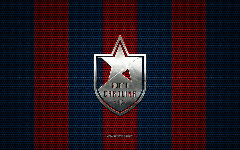 North Carolina FC logo, American soccer club, metal emblem, blue red metal mesh background, North Carolina FC, USL, Cary, North Carolina, USA, soccer, HD wallpaper