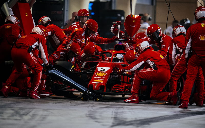 Scuderia Ferrari, pit stop, Sebastian Vettel, SF71H, mechanics, team, Ferrari, HD wallpaper