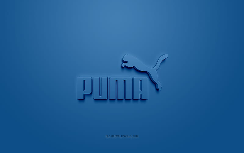 Puma logo, blue background, Puma 3d logo, 3d art, Puma, brands logo, blue 3d Puma logo, HD wallpaper