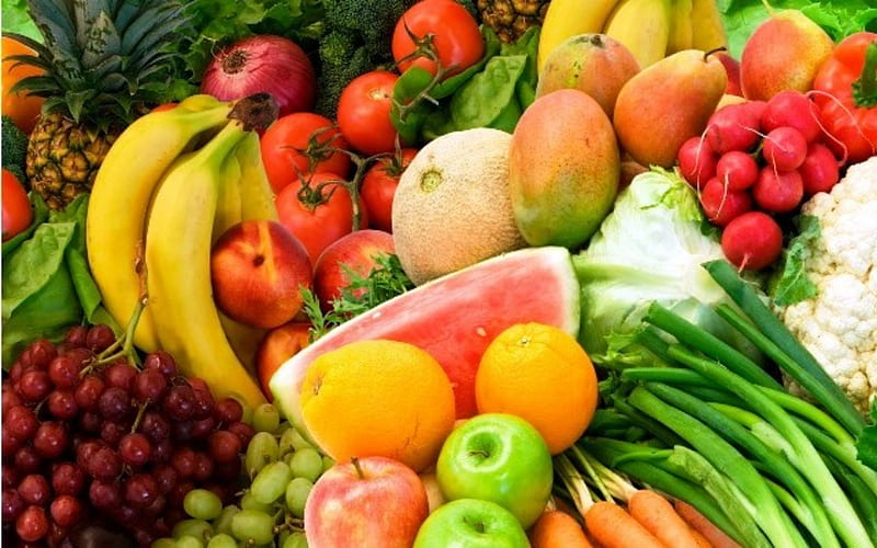 Fruit And Vegetables, Watermelon, Banana, Vegetables, Fruit, Yellow, Red, HD wallpaper