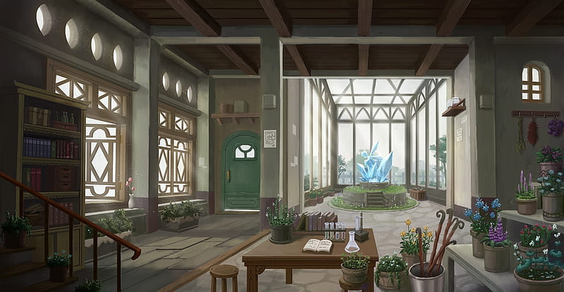 anime interior, stairs, books, Anime, HD wallpaper