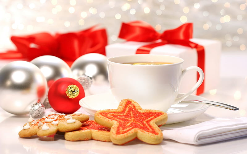 cup of tea, Christmas, New Year, Christmas cookies, white cup, tea, HD wallpaper