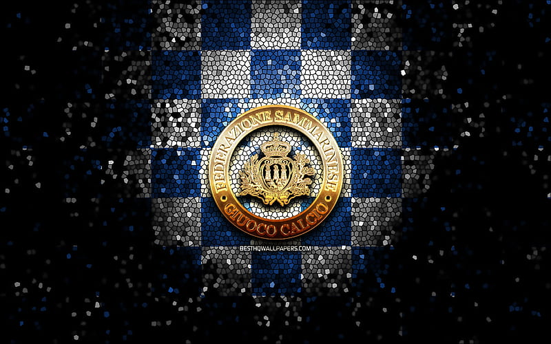 San Marino football team, glitter logo, UEFA, Europe, blue white checkered background, mosaic art, soccer, San Marino National Football Team, FSGC logo, football, San Marino, HD wallpaper