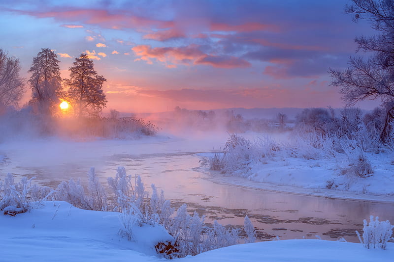 Earth, Winter, Dawn, Nature, River, Snow, Sunrise, HD wallpaper