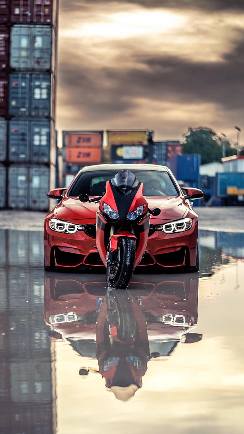 M4 and Superbike, bmw, coupe, f82, motorcycle, car, bike, HD phone wallpaper