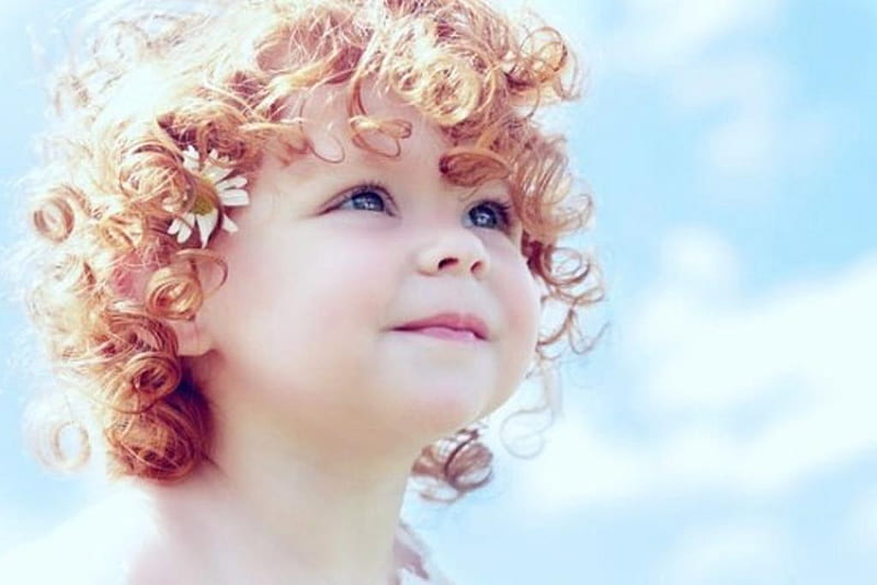 Curly angel, face child, curly, curly hair, sun, outdoors, sweet, hair, child, stare, lovely, angel, smile, sky, baby, happy, cute, serene, flower, summer, childhood, HD wallpaper