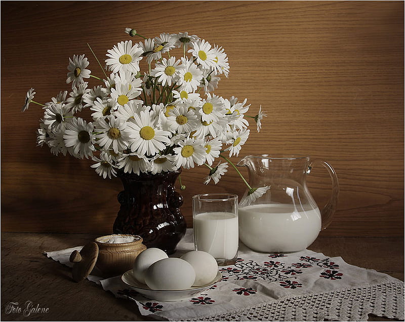 breakfast, art , vase, pot, still life, glass, eggs, flowers, milk, white, HD wallpaper