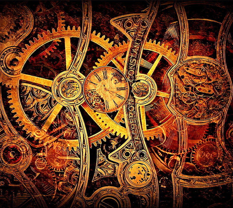 Steampunk, clock, clockwork, gears, gold, watch, HD wallpaper