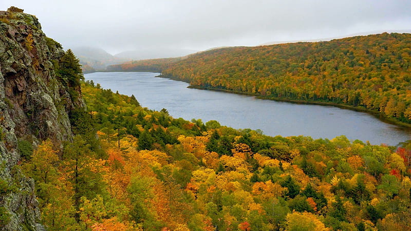 Porcupine Mountains, Michigan, hills, fall, clouds, landscape, trees, colors, sky, usa, autumn, HD wallpaper
