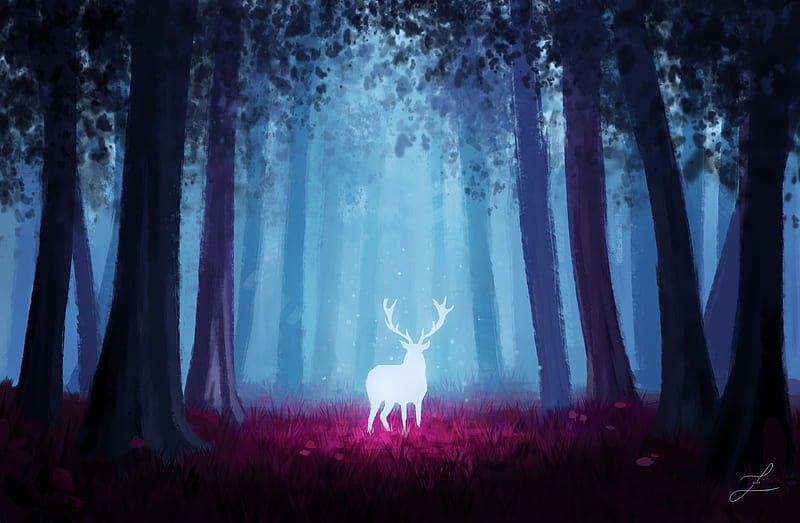 deer, forest, art, light, glow, HD wallpaper