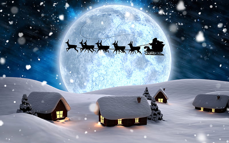 Santa Claus night, deer, Christmas, snowfall, Happy New Year, Merry Christmas, HD wallpaper