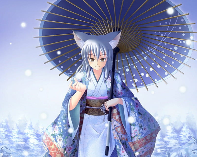 Winter Fox, nekomimi, female, kitsune, neko, ears, umbrella, kimono,  winter, HD wallpaper | Peakpx