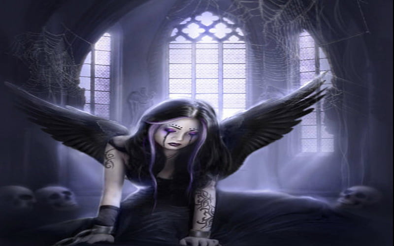GOTHIC ANGEL 3, Purple, Crying Skulls, Sad, Tattoo, Fantasy, Spider Webs, Angel, Gothic, background, HD wallpaper