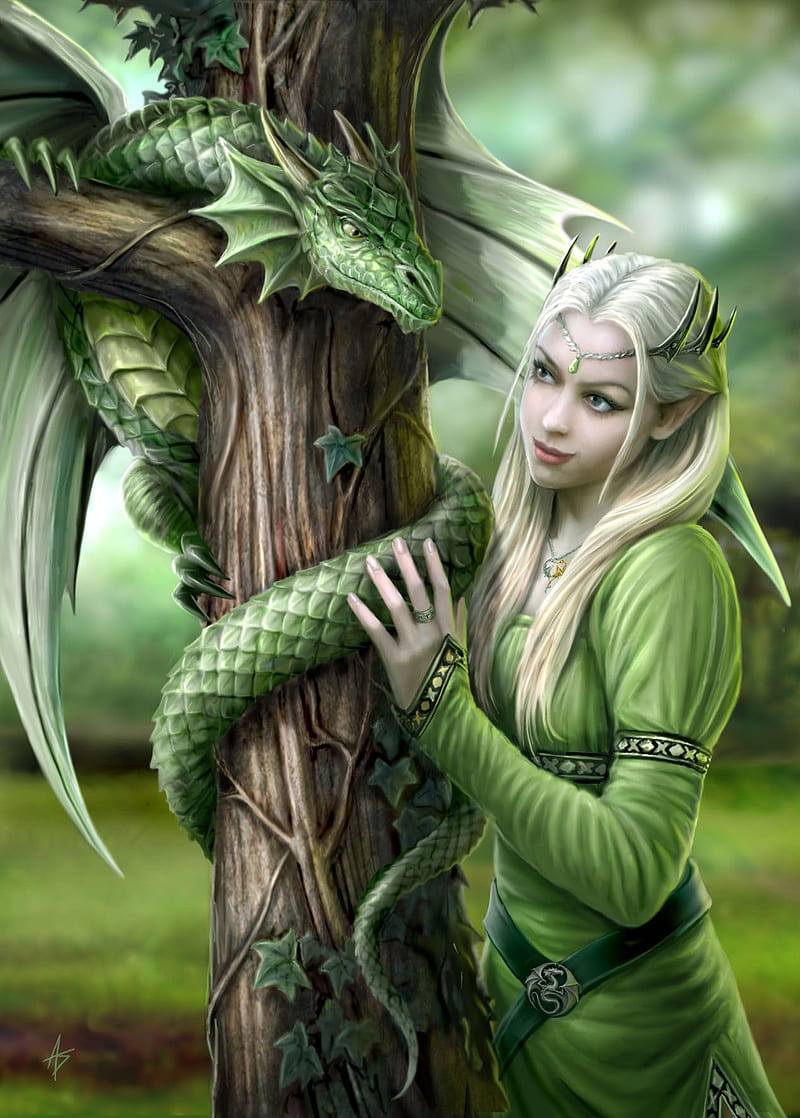 fantasy art, women, Anne Stokes, dragon, portrait display, trees, blonde, long hair, elves, branch, wings, HD phone wallpaper