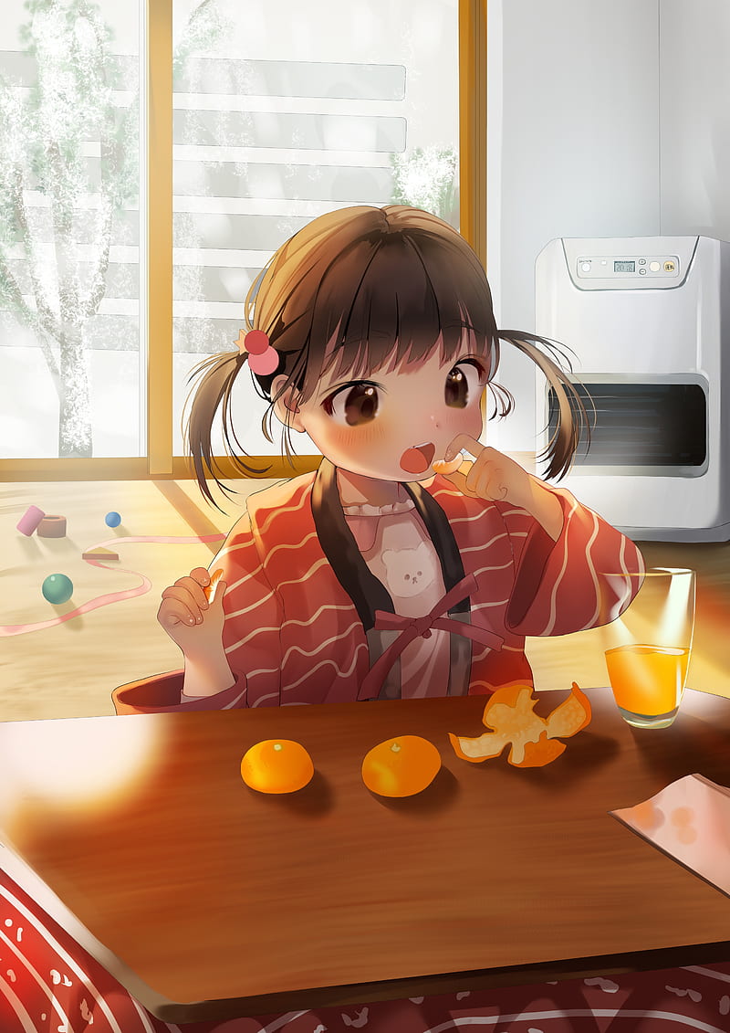 Cute anime kid, orange juice, brown hair, room, Anime, HD phone wallpaper |  Peakpx