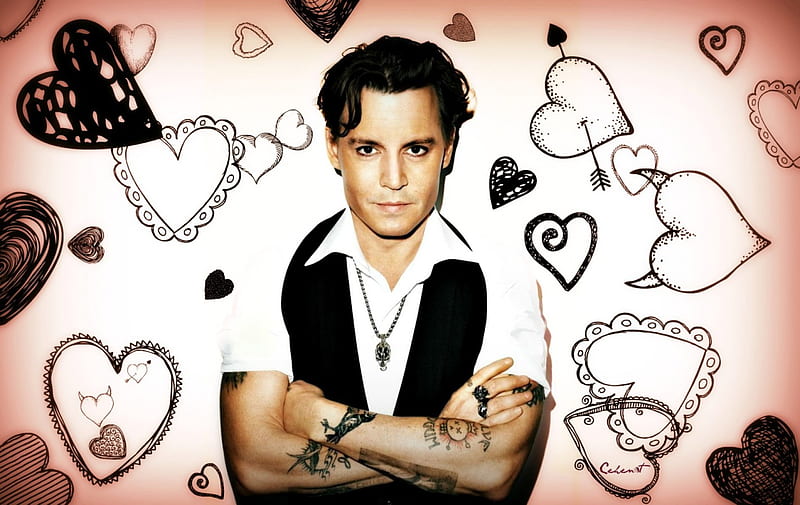 Johnny Depp, heart, black, man, by cehenot, white, pink, actor, HD ...