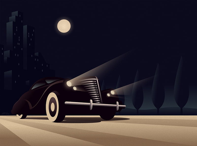 Moonlight, drive, art deco, car, HD wallpaper
