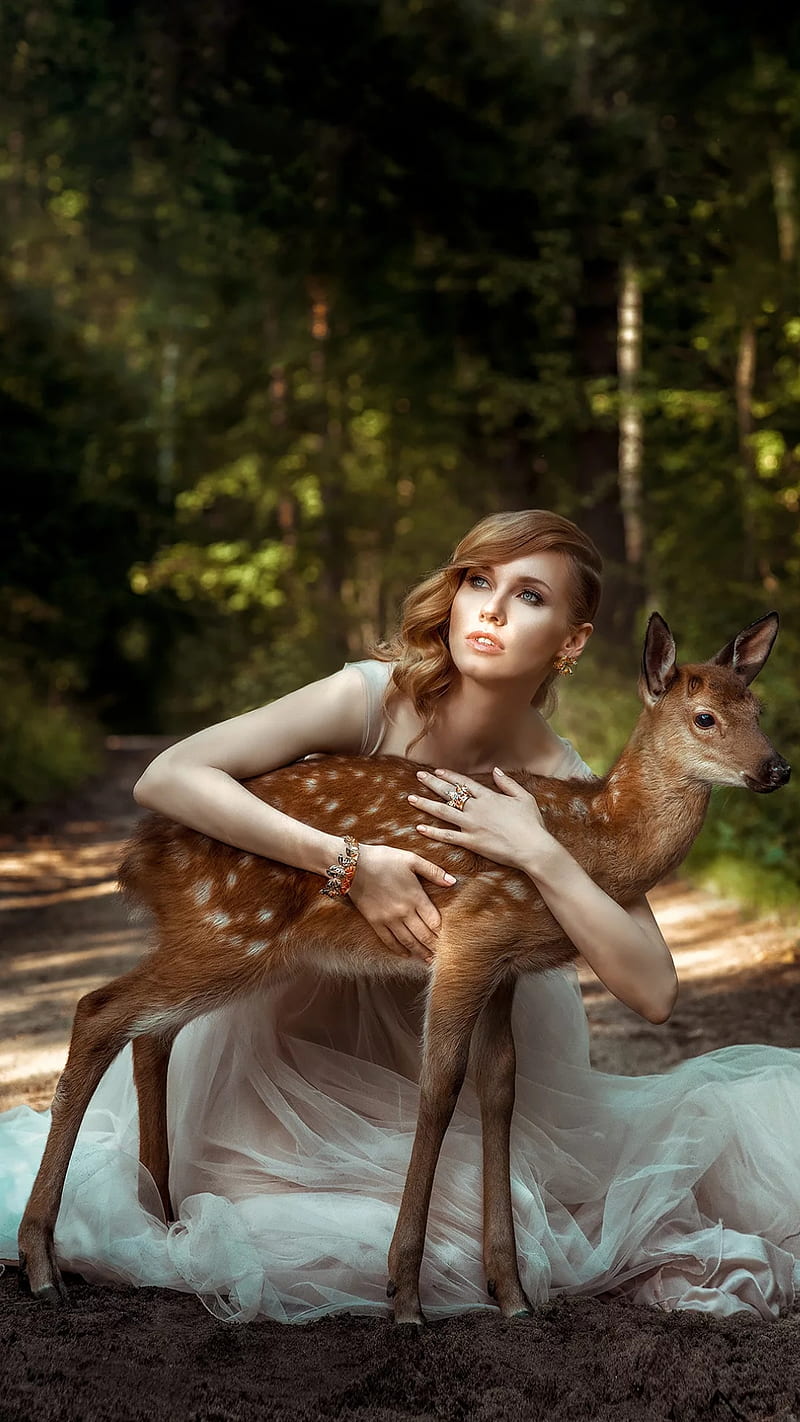 My deer friend, animal, brown deer, defending, forest, nature, red hair, woman, HD phone wallpaper