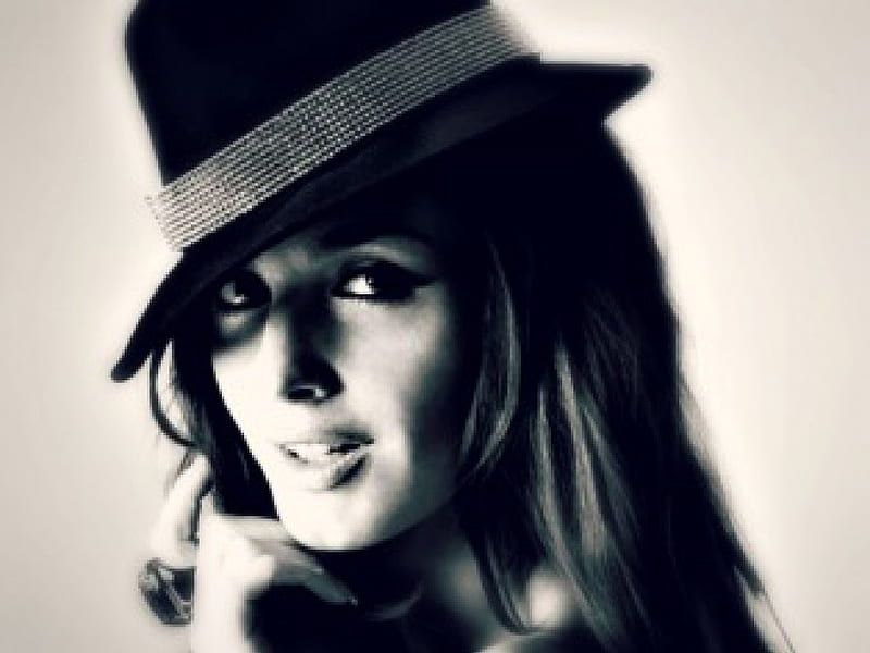 Paz Vega, model, black, woman, hat, girl, actress, face, white, HD wallpaper