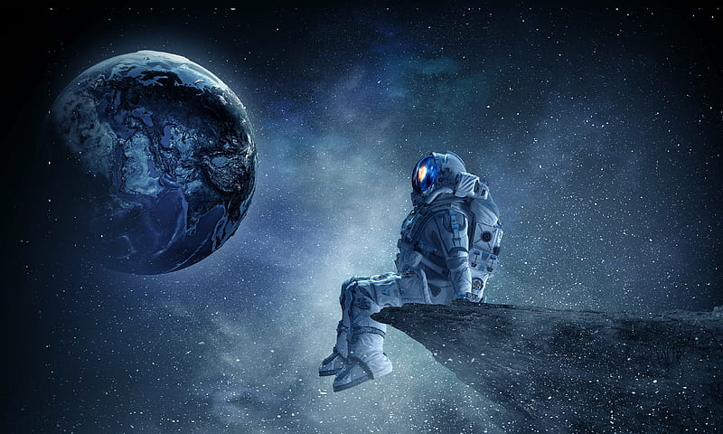 astronaut, cliff, planets, stars, spacesuit, Space, HD wallpaper