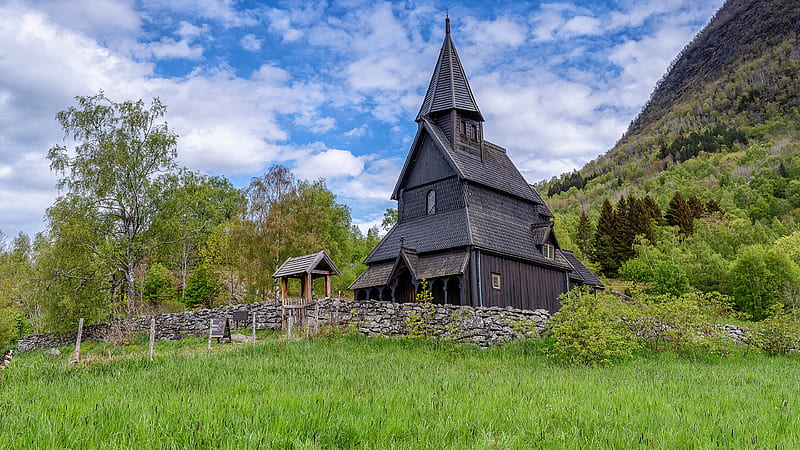 Wooden Church Surrounded By Green Trees Grass Field In Mountain Background Under White Clouds Blue Sky Nature, HD wallpaper
