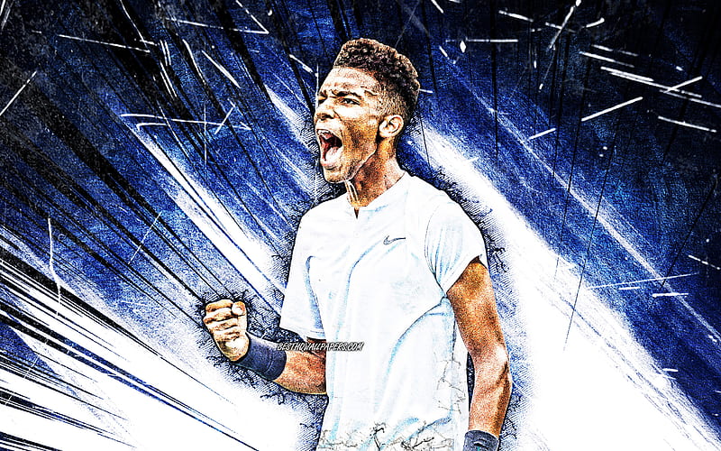 Felix Auger-Aliassime, grunge art, ATP, canadian tennis players, blue abstract rays, tennis, Auger-Aliassime, fan art, Felix Auger-Aliassime, HD wallpaper