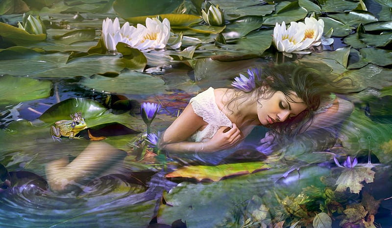 Lilly-Nymph, Nymph, Lily pads, water, ethereal, peaceful, bonito, woman, unearthly, Fantasy, HD wallpaper