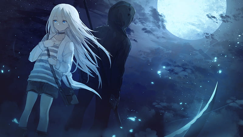 angels of death rachel gardner and back view satsuriku no tenshi zack with background of moon clouds and stars games-, HD wallpaper