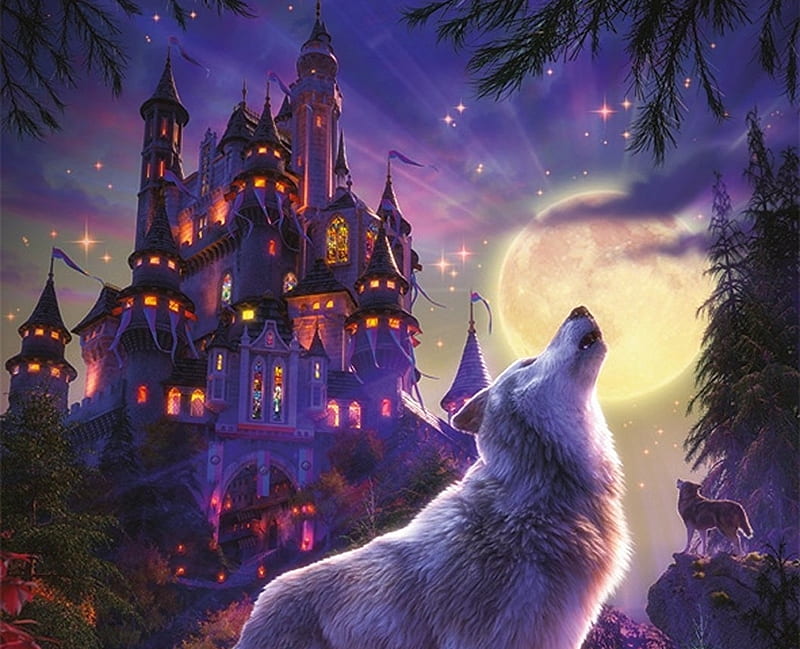 Howling, luminos, moon, howl, palace, lights, animal, fantasy, moon, purple, lup, wolf, castle, HD wallpaper