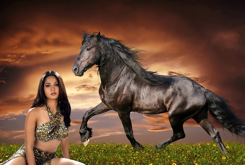 Two wild beauty, atractive, nature, horse, woman, HD wallpaper