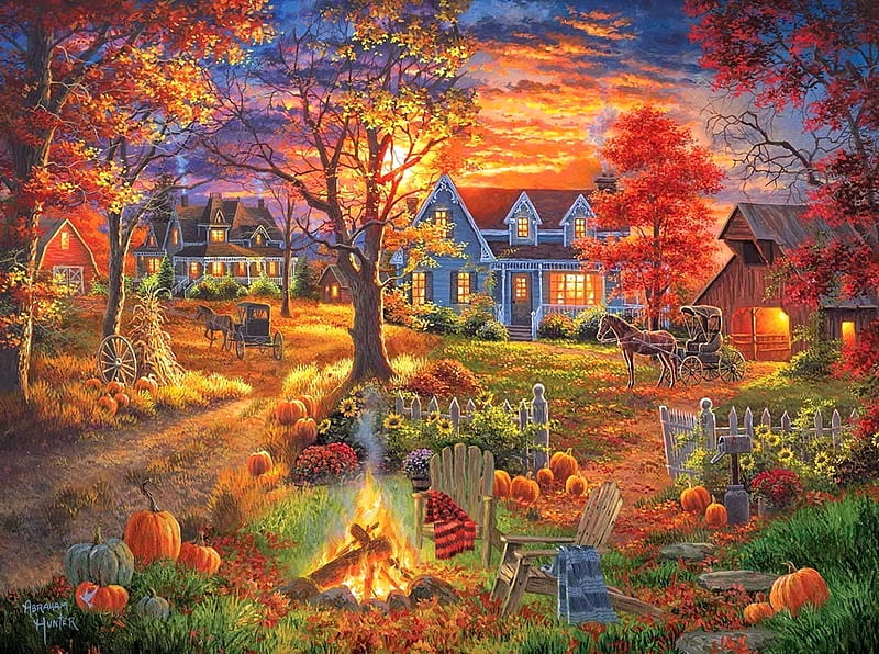 Autumn Village, colorful, villages, fall season, autumn, houses, love four seasons, campfire, attractions in dreams, horse carriages, paintings, sunsets, garden, nature, pumpkins, HD wallpaper