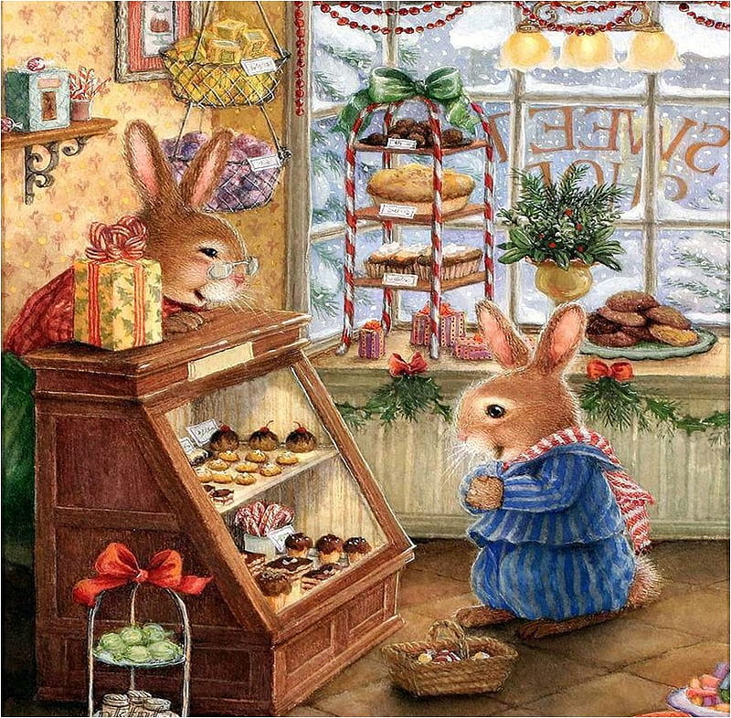 Susan Wheeler. Chocolate cake (DETAIL), shop, art, window, christmas, holiday, sweet, susan wheeler, painting, bunny, HD wallpaper