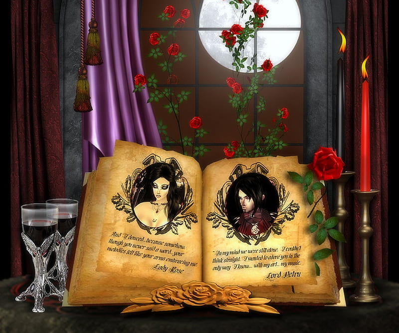 ~The Song of Roses~, fiction, books, conceptual, candlelight, bonito, digital art, gothic, manipulation, love, legend, bloody, curtains, colors, love four seasons, creative pre-made, two glasses, roses, weird things people wear, backgrounds, HD wallpaper