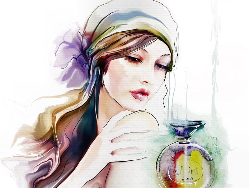 Perfume Bottle, perfume, art, bottle, bonito, illustration, artwork, hat, painting, wide screen, portrait, lady, HD wallpaper