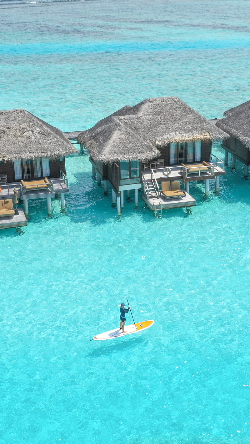Overwater Bungalows , , beach, drone, lagoon, maldives, ocean, sunny, water sports, HD phone wallpaper