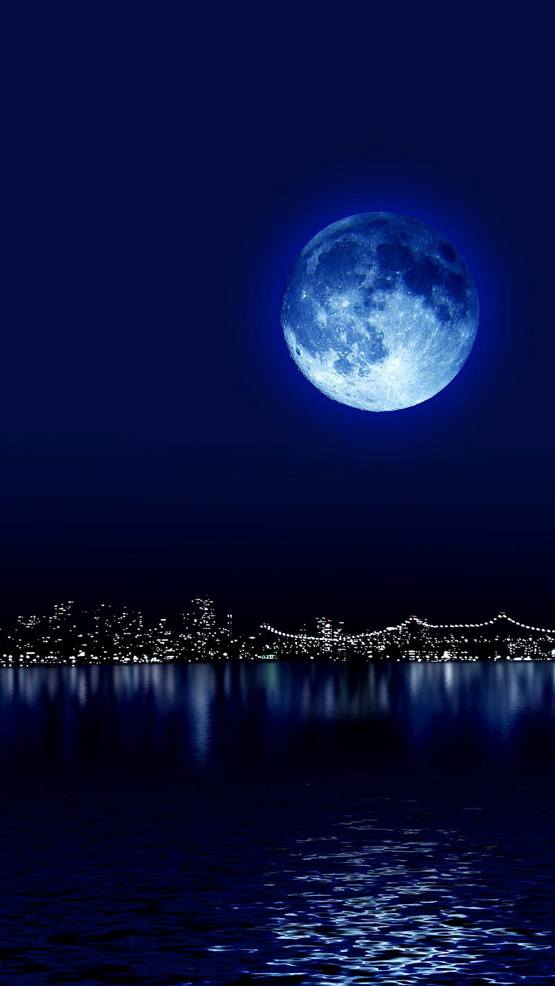 moon, blue, city, night, reflection, HD phone wallpaper