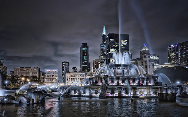 Buckingham Fountain, Chicago, nightscapes, american cities, Illinois, America, Chicago at night, USA, City of Chicago, Cities of Illinois, HD wallpaper