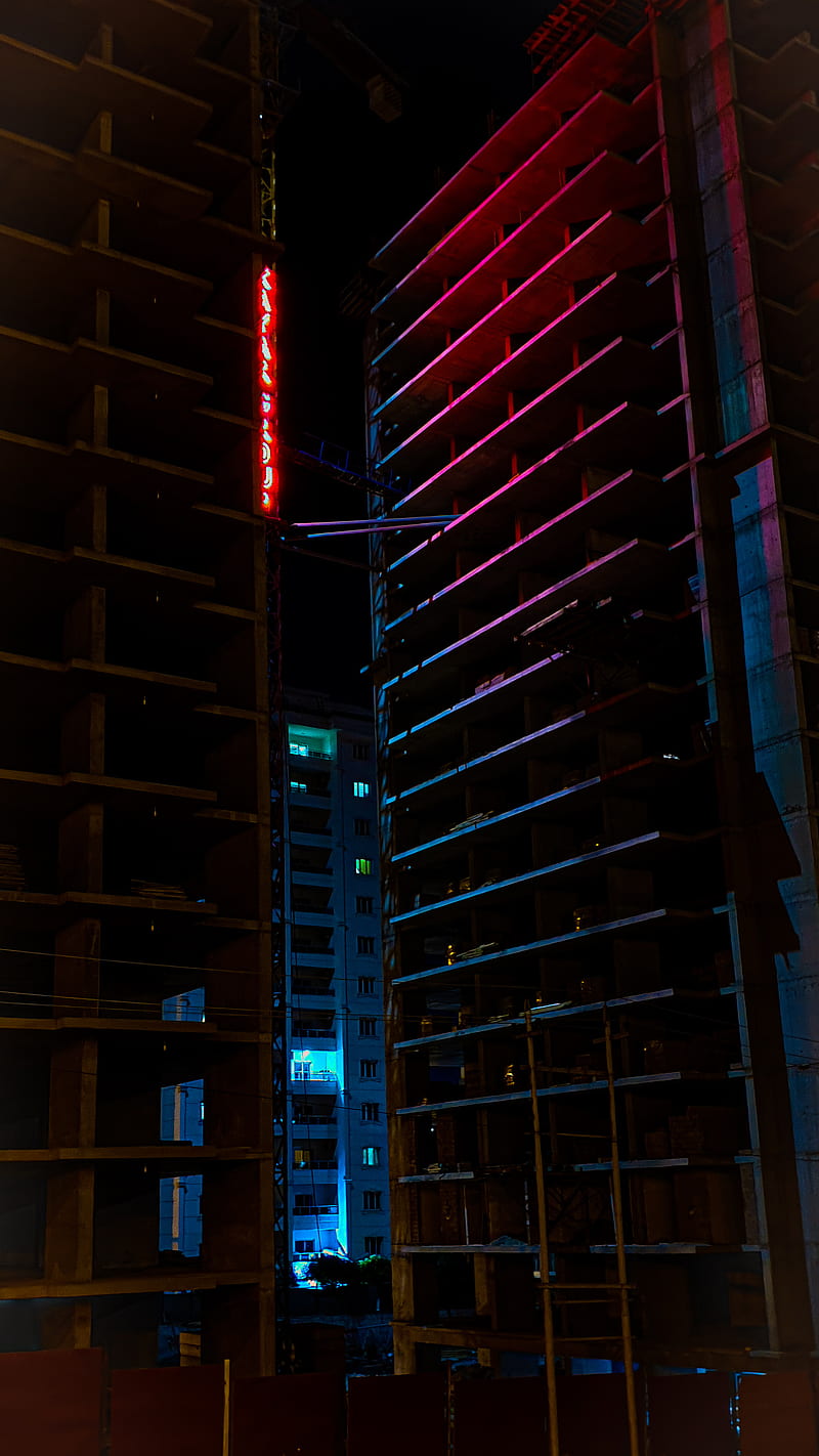 Night, aesthetic, building, city, neon light, HD phone wallpaper